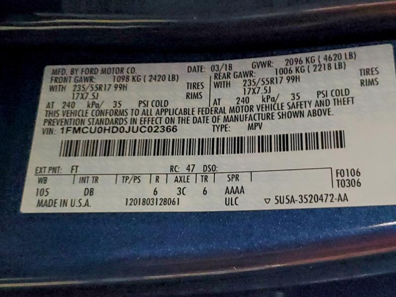 Photo 14 from auction – 2018 FORD ESCAPE SEL with VIN 1FMCU0HD0JUC02366