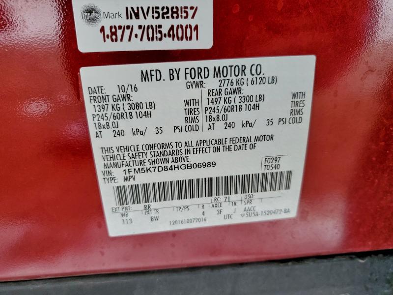 Zdjęcie 14 z aukcji – 2017 FORD EXPLORER X z VIN 1FM5K7D84HGB06989