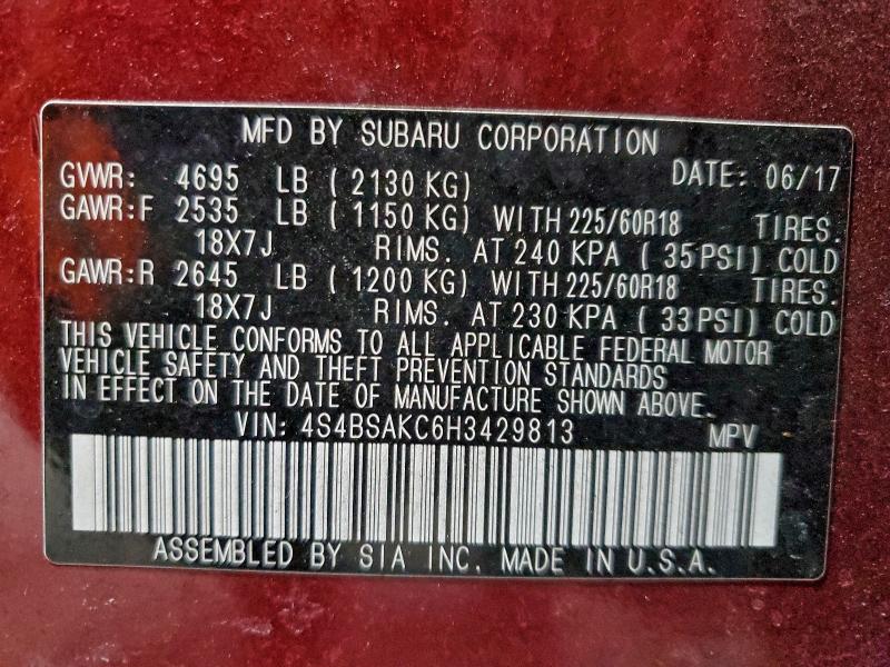 Photo 14 from auction – 2017 SUBARU OUTBACK 2. with VIN 4S4BSAKC6H3429813