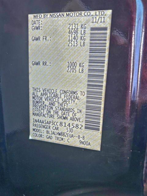 Photo 10 from auction – 2012 NISSAN MAXIMA S with VIN 1N4AA5AP3CC814582