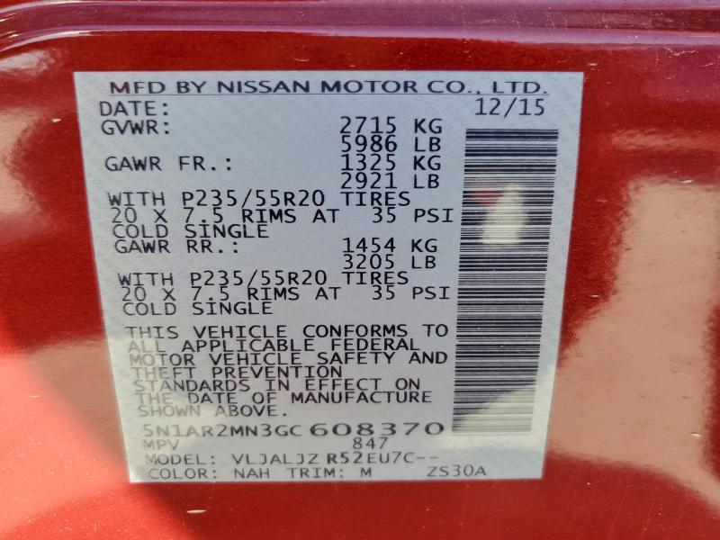 Photo 14 from auction – 2016 NISSAN PATHFINDER with VIN 5N1AR2MN3GC608370