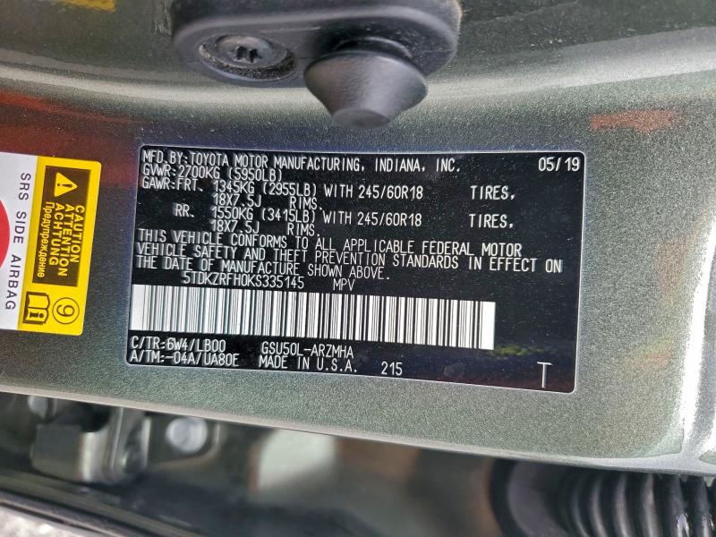 Photo 14 from auction – 2019 TOYOTA HIGHLANDER with VIN 5TDKZRFH0KS335145