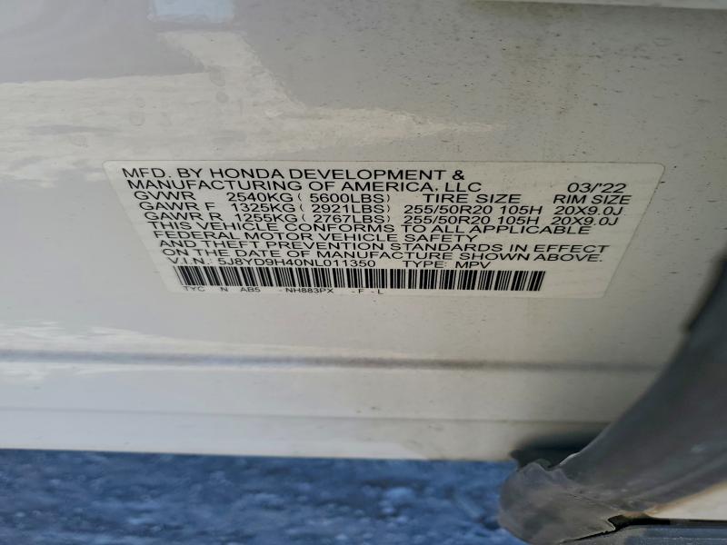 Photo 14 from auction – 2022 ACURA MDX TECHNO with VIN 5J8YD9H40NL011350