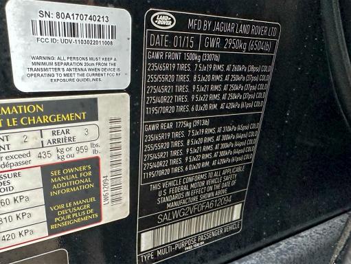 Photo 10 from auction – 2015 LAND ROVER RANGE ROVE with VIN SALWG2VF0FA612094