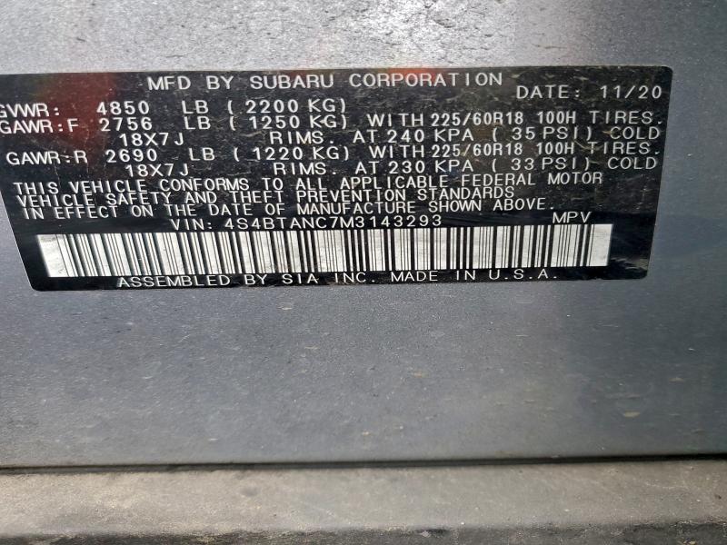 Photo 14 from auction – 2021 SUBARU OUTBACK LI with VIN 4S4BTANC7M3143293