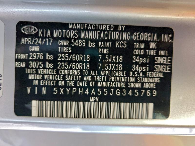 Photo 14 from auction – 2018 KIA SORENTO EX with VIN 5XYPH4A55JG345769
