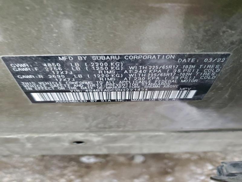 Photo 14 from auction – 2022 SUBARU OUTBACK PR with VIN 4S4BTADC2N3221434