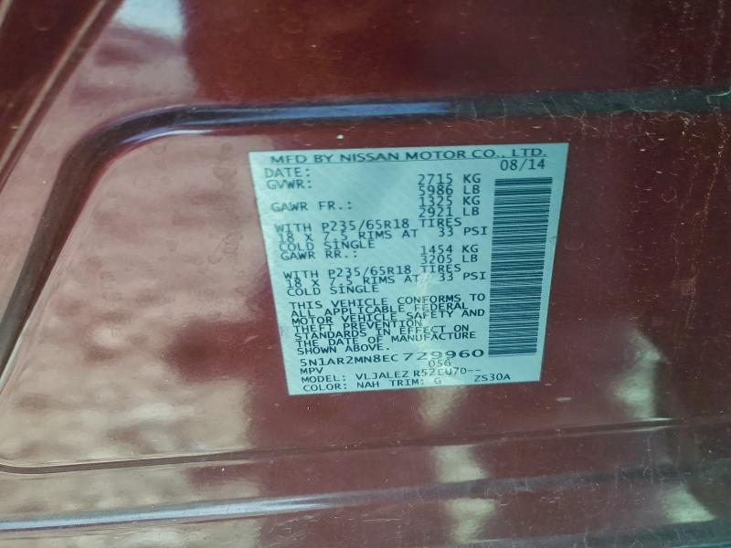 Photo 14 from auction – 2014 NISSAN PATHFINDER with VIN 5N1AR2MN8EC729960