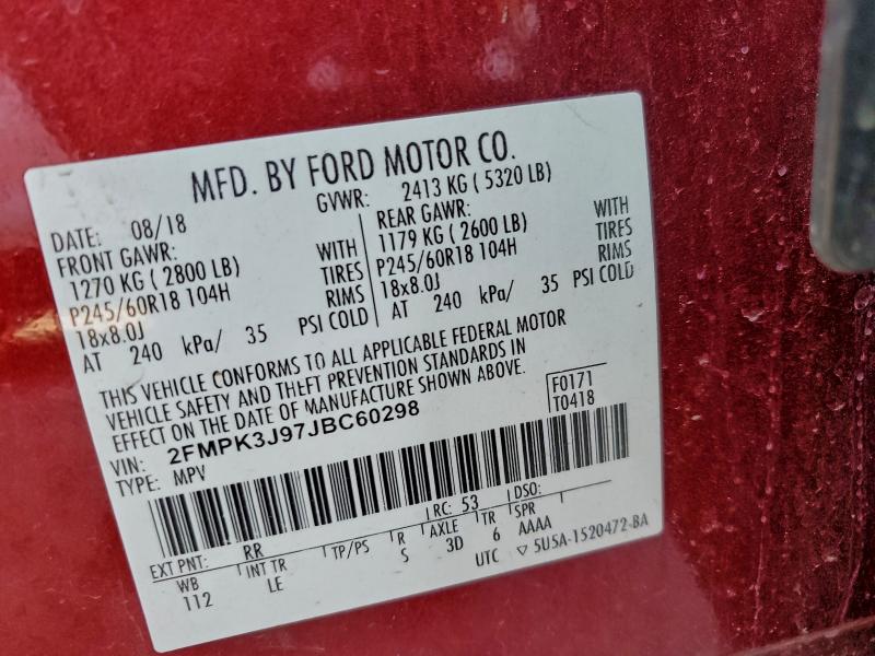 Photo 14 from auction – 2018 FORD EDGE SEL with VIN 2FMPK3J97JBC60298