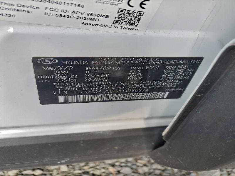 Photo 14 from auction – 2019 HYUNDAI SANTA FE S with VIN 5NMS2CAD3KH096974
