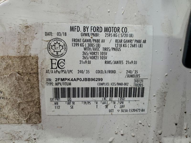 Photo 14 from auction – 2018 FORD EDGE SPORT with VIN 2FMPK4AP0JBB96299