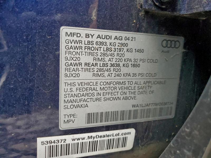 Photo 14 from auction – 2021 AUDI Q7 PREMIUM with VIN WA1LJAF77MD036734