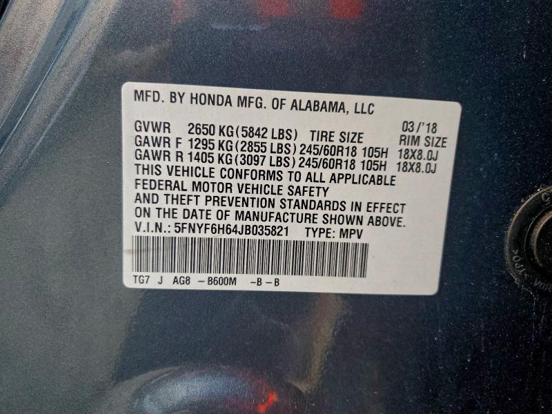 Photo 14 from auction – 2018 HONDA PILOT EXL with VIN 5FNYF6H64JB035821