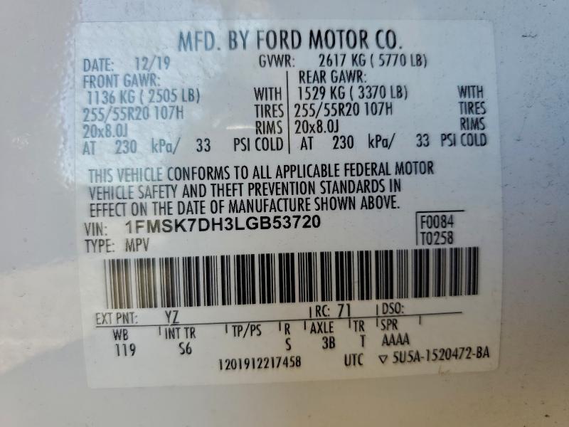 Photo 14 from auction – 2020 FORD EXPLORER X with VIN 1FMSK7DH3LGB53720