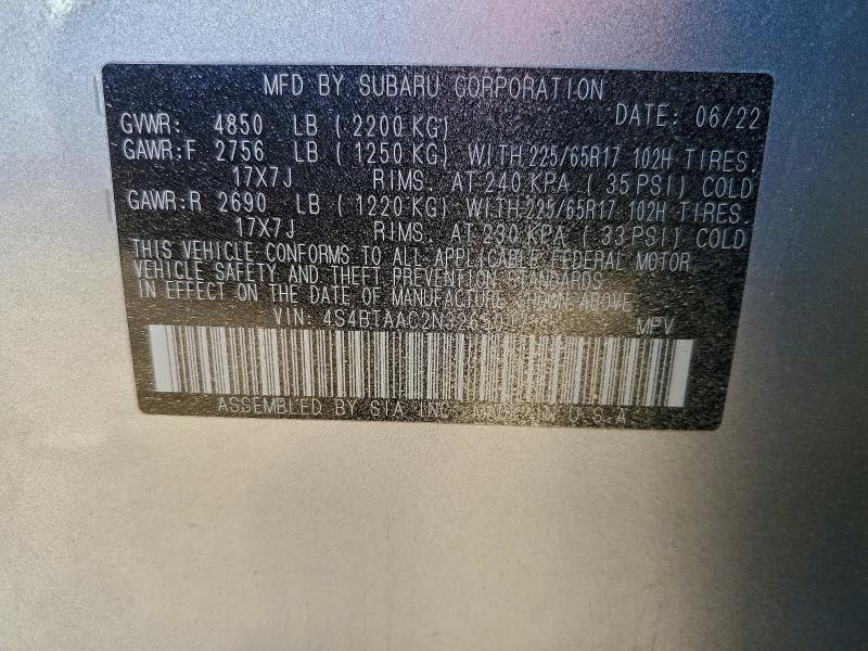 Photo 14 from auction – 2022 SUBARU OUTBACK with VIN 4S4BTAAC2N3265017