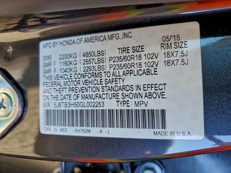 Photo 14 from auction – 2016 ACURA RDX TECHNO with VIN 5J8TB3H50GL002253